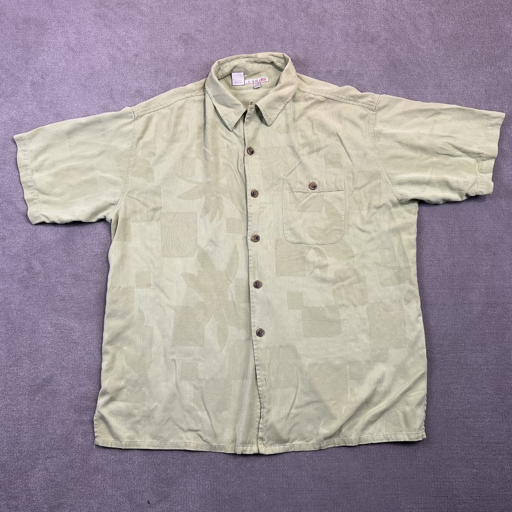 Enro Soie Silk Shirt Mens XL Sage Green Tropical Palm Jacquard Short Sleeve